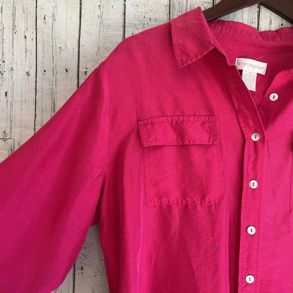 Worthington Womens Hot Pink Button Down Silk Top Size 1X Office Career Colorful